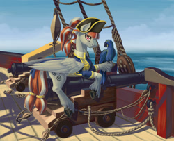 Size: 1500x1220 | Tagged: safe, artist:kirillk, oc, oc only, oc:christal shimmer, pegasus, pony, cannon, hat, pirate, pirate hat, ship, unshorn fetlocks, wings