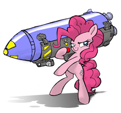 Size: 1300x1213 | Tagged: safe, artist:yewdee, pinkie pie, earth pony, pony, g4, bipedal, female, nuclear weapon, rocket launcher, simple background, solo, weapon, white background, xk-class end-of-the-world scenario