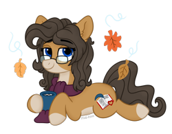 Size: 2000x1556 | Tagged: safe, artist:pink-pone, oc, oc only, oc:thea winters, earth pony, pony, clothes, commission, female, glasses, leaves, lying down, mare, prone, scarf, simple background, solo, transparent background, ych result