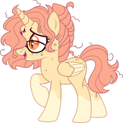 Size: 1280x1287 | Tagged: safe, artist:kurosawakuro, oc, oc only, alicorn, pony, amber eyes, base used, big eyes, butt freckles, chest freckles, coat markings, female, folded wings, freckles, glasses, hair over one eye, heart, horn, magical gay spawn, mare, messy mane, messy tail, multicolored eyes, offspring, one leg raised, open mouth, parent:king sombra, parent:sunburst, raised hoof, simple background, slit pupils, socks (coat markings), solo, tail, transparent background, unkempt mane, wings