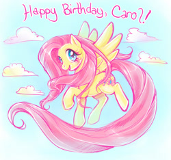 Size: 550x514 | Tagged: safe, artist:penanggalan, fluttershy, pegasus, pony, g4, blushing, female, flying, happy birthday, long tail, mare, sky background, solo, tail
