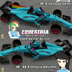 Size: 4096x4096 | Tagged: safe, octavia melody, rainbow dash, fanfic:equestria motorsports, equestria girls, g4, car, fanfic, ferrari, formula 1, forza motorsport 7, human coloration, livery, looking at you, motorsport, racecar, racing suit, smiling, smirk, teammates