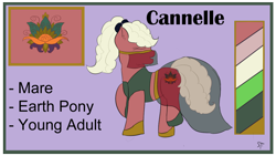 Size: 1192x670 | Tagged: safe, artist:schumette14, oc, oc only, oc:cannelle, earth pony, pony, adopted offspring, alternate universe, earth pony oc, female, mare, multiverse, parent:applejack (male), parent:paprika, parent:saffron masala, reference sheet, solo