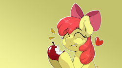 Size: 3840x2160 | Tagged: safe, artist:ljdamz1119, apple bloom, earth pony, pony, g4, apple, bite mark, cheek bulge, eating, emanata, eyes closed, floating heart, food, gradient background, happy, heart, herbivore, high res, smiling, solo