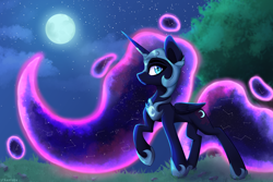 Size: 4200x2800 | Tagged: safe, artist:stravy_vox, nightmare moon, alicorn, pony, g4, constellation hair, ethereal mane, ethereal tail, female, high res, mare, moon, night, slender, solo, starry mane, starry tail, tail, thin