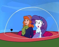 Size: 734x587 | Tagged: safe, artist:guihercharly, rarity, equestria girls, g4, crossover, daphne blake, glass dome, scared, scooby-doo!, shocked, space car, spaceship, the jetsons