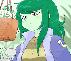 Size: 1480x1280 | Tagged: safe, artist:batipin, wallflower blush, equestria girls, g4, clothes, female, flower, freckles, jacket, plant pot, smiling, solo, wallflower and plants, watering can