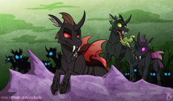 Size: 1704x993 | Tagged: safe, artist:inuhoshi-to-darkpen, pharynx, thorax, changeling, g4, exoskeleton, green changeling, looking at each other, male, nudity, open mouth, purple changeling, red changeling, sheath