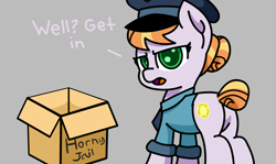 Size: 3353x2000 | Tagged: safe, artist:exoticeon, copper top, earth pony, pony, g4, butt, cardboard box, female, high res, horny jail, mare, plot, police, police officer, police pony, police uniform, solo