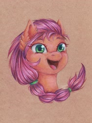 Size: 2847x3796 | Tagged: safe, artist:0okami-0ni, sunny starscout, earth pony, pony, g5, braid, bust, colored pencil drawing, eyebrows, female, high res, mare, open mouth, open smile, portrait, smiling, solo, traditional art