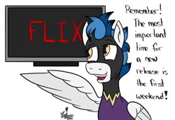 Size: 1284x885 | Tagged: safe, artist:whirlwindflux, oc, pegasus, pony, clothes, costume, netflix, shadowbolts costume, television