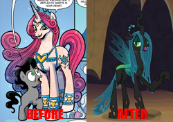 Size: 852x600 | Tagged: safe, edit, edited screencap, idw, official comic, screencap, king sombra, princess amore, queen chrysalis, changeling, changeling queen, crystal pony, pony, fiendship is magic #1, frenemies (episode), g4, my little pony: fiendship is magic, spoiler:comic, before and after, colt, colt sombra, cropped, crown, fake, female, jewelry, male, open mouth, raised hoof, regalia, smiling, theory, wide eyes, younger