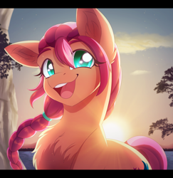 Size: 2500x2577 | Tagged: safe, artist:_ladybanshee_, sunny starscout, earth pony, pony, g5, braid, chest fluff, cliff, ear fluff, happy, high res, ocean, outdoors, smiling, solo, sun, sunrise