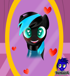 Size: 3840x4154 | Tagged: safe, alternate version, artist:damlanil, oc, oc only, oc:nightlight aura, pegasus, pony, blushing, carousel boutique, catsuit, clothes, commission, cute, happy, heart, heart eyes, latex, latex suit, looking at you, mirror, open mouth, rubber, shine, shiny, simple background, smiling, solo, spy, suit, vector, wingding eyes