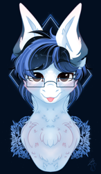 Size: 1400x2400 | Tagged: safe, artist:bananasplitedy, oc, oc only, oc:soaring spirit, pegasus, pony, :p, abstract background, bust, chest fluff, coat markings, facial markings, flower, fluffy, glasses, looking at you, male, markings, neck fluff, pegasus oc, solo, stallion, tongue out