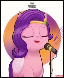 Size: 1850x2250 | Tagged: safe, artist:fchelon, pipp petals, pegasus, pony, g5, my little pony: a new generation, abstract background, adorapipp, cute, eyes closed, female, jewelry, mare, microphone, music notes, open mouth, poster, singing, solo, tiara
