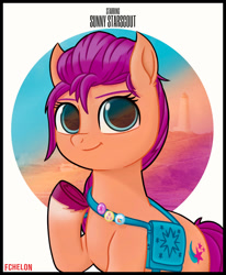 Size: 1850x2250 | Tagged: safe, artist:fchelon, sunny starscout, earth pony, pony, g5, abstract background, backwards cutie mark, bag, braid, colored hooves, cutie mark, eyebrows, eyebrows visible through hair, lighthouse, pin, raised hoof, smiling, solo, sunny starscout's lighthouse, unshorn fetlocks