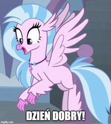 Size: 500x558 | Tagged: safe, edit, edited screencap, screencap, silverstream, classical hippogriff, hippogriff, g4, school daze, caption, cropped, female, flying, good morning, image macro, jewelry, necklace, polish, solo, text