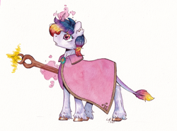 Size: 5755x4267 | Tagged: safe, artist:lightisanasshole, twilight sparkle, pony, unicorn, g4, cape, clothes, curved horn, hoof fluff, horn, levitation spell, magic, redesign, short mane, short tail, staff, stars, tail, traditional art, watercolor painting