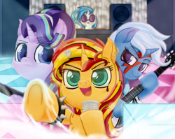 Size: 1897x1508 | Tagged: safe, artist:fchelon, dj pon-3, starlight glimmer, sunset shimmer, trixie, vinyl scratch, pony, unicorn, g4, edgelight glimmer, electric guitar, face paint, female, guitar, magical trio, mare, microphone, musical instrument, punk, punk starlight, punk trixie, punklight glimmer, punkset shimmer, reformed starlight, rock (music), rock band, rockstar, skull, speaker, spiked wristband, tattoo, wristband