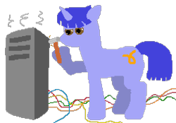 Size: 960x668 | Tagged: safe, artist:minus, derpibooru exclusive, oc, oc only, oc:gammaxai, pony, unicorn, computer, hammer, horn, male, pixel art, simple background, smoke, solo, tail, transparent background, unicorn oc, wires