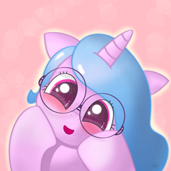 Size: 2160x2160 | Tagged: safe, artist:limitmj, izzy moonbow, pony, unicorn, g5, abstract background, blushing, bust, cute, daaaaaaaaaaaw, female, front view, full face view, glasses, head tilt, high res, hooves on cheeks, izzybetes, looking at you, mare, open mouth, open smile, round glasses, smiling, solo