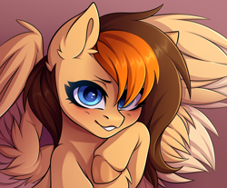 Size: 2412x2000 | Tagged: safe, artist:zenexart, oc, oc only, oc:aerion featherquill, pegasus, pony, blushing, bust, chest fluff, commission, ear fluff, hair over one eye, high res, hoof on cheek, looking at you, portrait, simple background, solo, wings