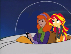 Size: 1053x810 | Tagged: safe, artist:guihercharly, sunset shimmer, equestria girls, g4, crossover, daphne blake, driving, glass dome, hanna barbera, scooby-doo!, space car, spaceship, the jetsons