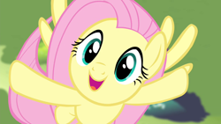 Size: 1280x720 | Tagged: safe, screencap, fluttershy, pegasus, pony, filli vanilli, g4, season 4, blurry background, cute, daaaaaaaaaaaw, female, flying, flying at you, looking at you, mane, mare, open mouth, open smile, shyabetes, singing, smiling, solo, spread wings, wings