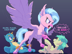 Size: 2751x2072 | Tagged: safe, artist:xbi, gallus, sandbar, silverstream, earth pony, griffon, hippogriff, pony, g4, angry, belly, bisexual, concave belly, dialogue, female, fit, gay, gradient background, high res, jealous, love triangle, male, possessive, ship:gallbar, ship:gallstream, shipping, slender, spread wings, straight, thin, wings