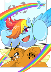 Size: 868x1228 | Tagged: safe, artist:meielf, rainbow dash, bugbear, pony, g4, :d, comic, eyelashes, female, flying, male, mare, open mouth, open smile, rainbow trail, smiling