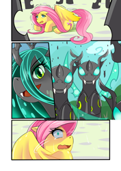 Size: 868x1228 | Tagged: safe, artist:meielf, fluttershy, queen chrysalis, changeling, changeling queen, pegasus, pony, a canterlot wedding, g4, comic, cowering, crying, eyelashes, fangs, female, imminent rape, imminent sex, looking up, male, mare, open mouth, outdoors, scared, shivering, smiling, smirk, tears of fear