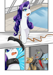 Size: 868x1228 | Tagged: safe, artist:meielf, fido, rarity, rover, spot, diamond dog, pony, unicorn, a dog and pony show, g4, captured, collar, comic, female, leash, mare, open mouth, pet play, spiked collar, surprised, that pool