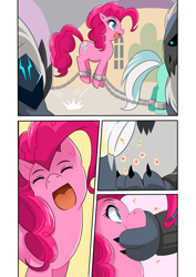 Size: 868x1228 | Tagged: safe, artist:meielf, lyra heartstrings, pinkie pie, earth pony, pony, storm creature, g4, my little pony: the movie, :d, bondage, comic, drugged, drugs, eyes closed, female, mare, open mouth, open smile, pronking, shackles, smiling, storm guard, storm king's emblem