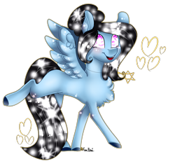 Size: 3191x3031 | Tagged: safe, artist:fantisai, oc, oc only, pegasus, pony, chest fluff, colored hooves, ethereal mane, eye clipping through hair, eyebrows, eyebrows visible through hair, heart, high res, pegasus oc, raised leg, signature, simple background, smiling, solo, spread wings, starry mane, transparent background, wings