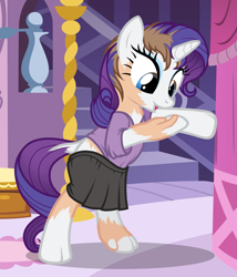 Size: 1159x1356 | Tagged: safe, artist:anonymous, rarity, pony, unicorn, g4, /ptfg/, bipedal, bipedal leaning, brown hair, carousel boutique, clothes, eye color change, female, human to pony, indoors, leaning, light skin, mare, mid-transformation, open mouth, shirt, show accurate, skirt, solo, transformation