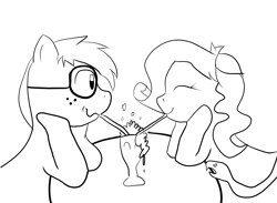 Size: 4120x3015 | Tagged: safe, artist:tranzmuteproductions, oc, oc only, earth pony, pony, earth pony oc, eyes closed, female, freckles, glasses, high res, lineart, male, mare, milkshake, monochrome, sharing a drink, smiling, stallion, straw