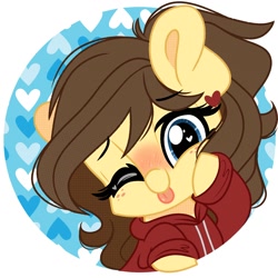 Size: 2000x2000 | Tagged: safe, artist:emberslament, oc, oc only, oc:retro hearts, pegasus, pony, :p, blue eyes, blushing, brown mane, chibi, clothes, eyebrows, eyebrows visible through hair, freckles, heart eyes, high res, hoodie, hoof on cheek, looking at you, one eye closed, raspberry, smiling, solo, tongue out, wingding eyes, wink