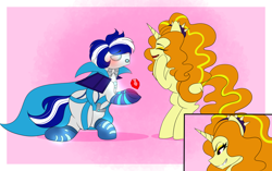 Size: 2048x1289 | Tagged: safe, artist:mikkybun, adagio dazzle, oc, oc:ivislor, oc:ivislor odzi, cyborg, cyborg pony, pony, unicorn, equestria girls, g4, blushing, canon x oc, cape, clothes, commission, commissioner:iv's, duo, evil grin, grin, marriage proposal, pink background, ponified, simple background, smiling