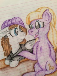 Size: 720x960 | Tagged: safe, artist:milledpurple, oc, pegasus, pony, beanie, chest fluff, clothes, crossover, duo, ear piercing, eyelashes, female, gravity falls, hat, lined paper, male, mare, pacifica northwest, pegasus oc, piercing, ponified, smiling, traditional art, wings