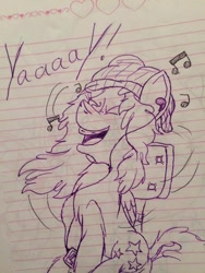Size: 720x960 | Tagged: safe, artist:milledpurple, oc, oc only, pegasus, pony, beanie, braces, chest fluff, earbuds, eyes closed, hat, lineart, lined paper, music notes, music player, pegasus oc, smiling, solo, traditional art, wings