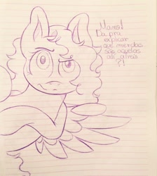 Size: 860x960 | Tagged: safe, artist:milledpurple, oc, oc only, pegasus, pony, bust, dreamworks face, lineart, lined paper, pegasus oc, smiling, solo, talking, traditional art, wings