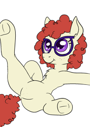 Size: 1000x1414 | Tagged: safe, artist:happy harvey, twist, earth pony, pony, g4, butt, butt freckles, chest fluff, crotch freckles, dock, ear fluff, ear freckles, featureless crotch, freckles, frog (hoof), glasses, hooves, hooves up, looking up, phone drawing, plot, simple background, smiling, solo, spread legs, spreading, tail, transparent background, underhoof