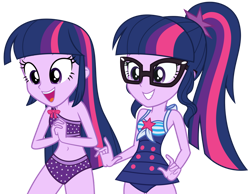 Size: 1024x793 | Tagged: safe, artist:alandssparkle, sci-twi, twilight sparkle, equestria girls, equestria girls series, g4, x marks the spot, bare shoulders, belly button, bikini, clothes, duality, glasses, grin, one-piece swimsuit, open mouth, open smile, sci-twi swimsuit, simple background, sleeveless, smiling, swimsuit, transparent background, twilight sparkle (alicorn), twolight, vector
