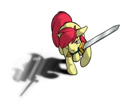 Size: 854x722 | Tagged: safe, artist:donlawride, apple bloom, earth pony, pony, g4, female, filly, mouth hold, solo, sword, weapon