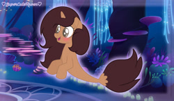 Size: 1280x749 | Tagged: safe, artist:supercuteraven, oc, oc only, seapony (g4), unicorn, blushing, brown mane, coral, female, fish tail, flowing mane, flowing tail, horn, ocean, open mouth, seaponified, seaquestria, seaweed, smiling, solo, species swap, swimming, tail, throne room, underwater, water
