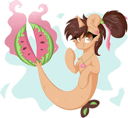 Size: 1600x1481 | Tagged: safe, artist:woonborg, oc, oc only, oc:woonie, seapony (g4), unicorn, brown eyes, brown mane, dorsal fin, female, fish tail, flowing tail, horn, jewelry, looking at you, necklace, seaponified, simple background, smiling, solo, species swap, tail, transparent background