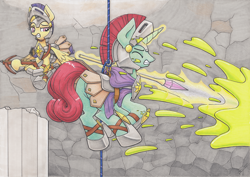 Size: 4660x3295 | Tagged: safe, artist:xeviousgreenii, oc, oc:cerise breeze, oc:ginger mint, pegasus, pony, unicorn, armor, crossbow, eyes closed, gritted teeth, levitation, magic, rope, royal guard, spear, suspended, telekinesis, traditional art, weapon