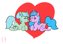 Size: 3500x2450 | Tagged: safe, izzy moonbow, oc, oc:thinmint, pony, unicorn, g5, canon x oc, eyes closed, female, heart, high res, lesbian, shipping, simple background, white background