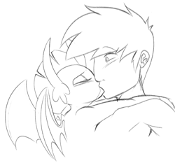 Size: 1501x1399 | Tagged: artist needed, safe, smolder, oc, dragon, human, pony, g4, canon x oc, human on dragon action, human on pony action, interspecies, kiss on the lips, kissing, lineart, simple background, white background